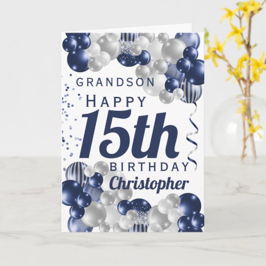 Grandson 15. Geburtstag Navy Ballon Karte (Gelbe Blume)