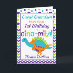 Grandson 1. Geburtstag Dinosaur Dino-Mite Karte<br><div class="desc">Ein fabelhafter bunter Polka-Punkt und eine Zickzack Geburtstagskarte für Ihren Grandson,  Great Grandson oder Great Nephew. Helles,  lila,  aquamarines,  grünes und orangefarbenes Design macht es zu einem auffälligen und lustigen Design. Die perfekte Art,  jemandem einen glücklichen Geburtstag zu wünschen.</div>