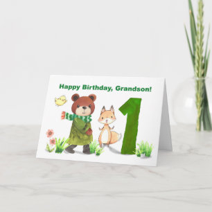 Grandson 1. Geburtstag Wasserfarbenbär und Fox Karte