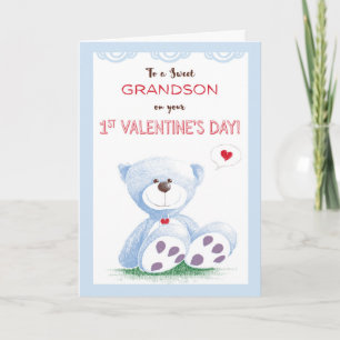 Grandson, 1. Valentinstag, Blue Teddy Bear am Feiertagskarte