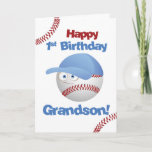 Grandson 1st Birthday, Baseball Theme Karte<br><div class="desc">This cute baseball is wearing a blue cap and has big eyes. Perfect card to wish your grandson a Happy 1st Birthday with a baseball theme for the little boy who loves balls and baseball.</div>