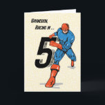 Grandson 5th Birthday Superhero Karte<br><div class="desc">Happy 5th Birthday says this superhero as runs in with the large number 5! Wish your grandson happy 5th birthday like the wichtiger Superhero that he is!</div>