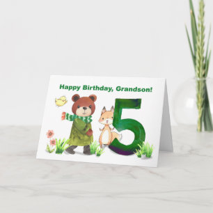 Grandson 5th Birthday Watercolor Bear and Fox Karte
