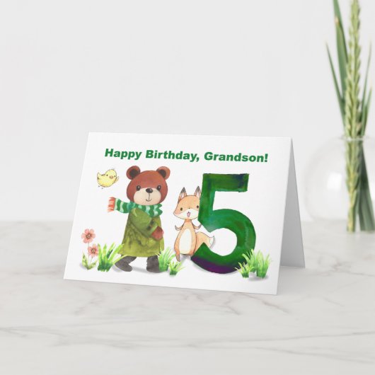 Grandson 5th Birthday Watercolor Bear and Fox Karte (Vorderseite)
