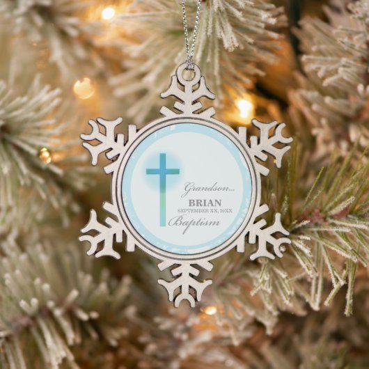 Grandson Baptisk Blue Lace Personalisiert Schneeflocken Zinn-Ornament (Baum)