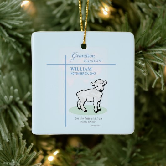 Grandson Baptisk Blue Lamb Personalisiert Keramikornament (Baum)