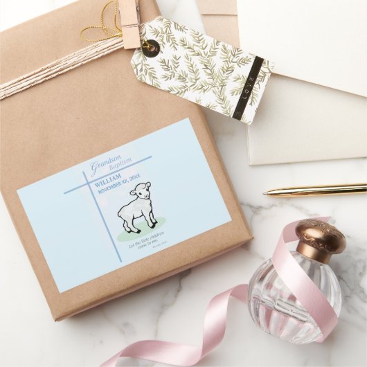Grandson Baptisk Blue Lamb Personalisiert Rechteckiger Aufkleber (Schenken)