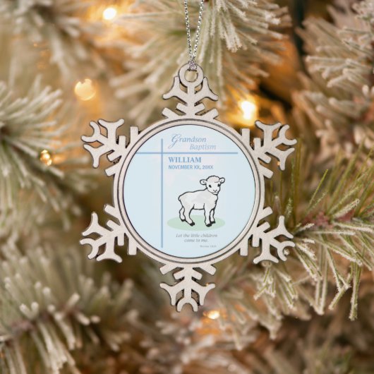 Grandson Baptisk Blue Lamb Personalisiert Schneeflocken Zinn-Ornament (Baum)