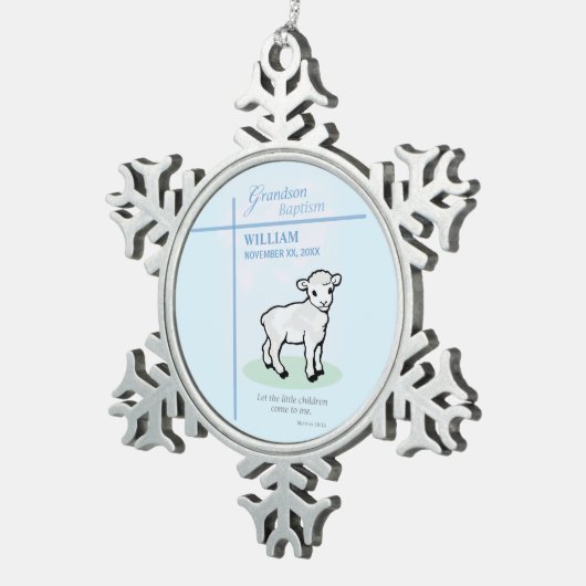 Grandson Baptisk Blue Lamb Personalisiert Schneeflocken Zinn-Ornament (Rechts)