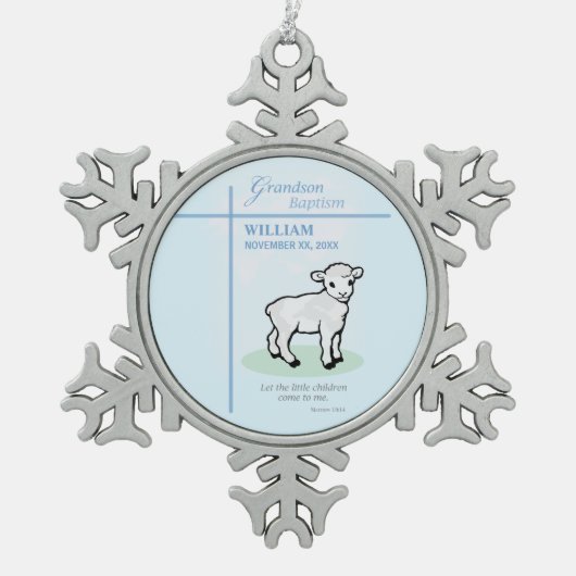 Grandson Baptisk Blue Lamb Personalisiert Schneeflocken Zinn-Ornament (Vorderseite)