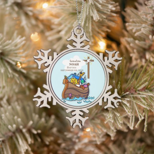 Grandson Baptism Noahs Ark Personalisiert Schneeflocken Zinn-Ornament (Baum)