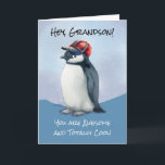 Grandson Birthday Cool Phantastische Penguin Baseb Karte<br><div class="desc">Feiern Sie mit dieser spielerischen und charmanten Geburtstagskarte den besonderen Tag Ihres Enkels! Mit einem niedlichen Pinguin mit einem roten und blauen Baseballhut bietet dieses Aquarelldesign ein leichtes, cooles Ambiente. Der Titeltext "Hey, Grandson, Du bist Phantastisch und total Cool!" wird ihm sicher ein Lächeln ins Gesicht bringen. Im Inneren setzt...</div>