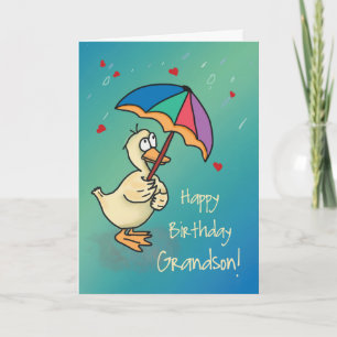 Grandson Birthday Duck mit Regenschirm in Rain Karte