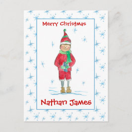 Grandson Christmas Elf Snowflakes Custom Nama Feiertagspostkarte