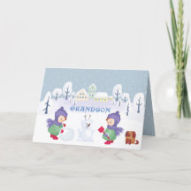 Grandson Christmas Snow Scene Blue Watercolor