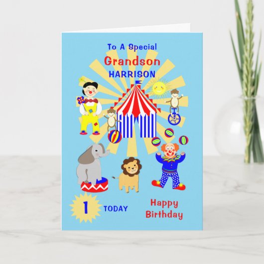 Grandson Circus Clown Spaß am Geburtstag Karte (Vorderseite)
