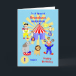 Grandson Circus Clown Spaß am Geburtstag Karte<br><div class="desc">Super niedlicher Cartoon Circus Clowns und Tiere,  einschließlich Löwe,  Elefant und Wangenaffen; eine so lustige und farbenfrohe Karte und leicht anzupassen mit einem Namen und Nachrichten für diese besondere Touch ohne Aufpreis.</div>