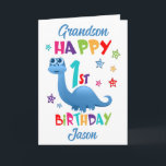 Grandson Dinosaur 1. Geburtstag Karte<br><div class="desc">Eine spezielle 1. Geburtstagskarte für Ihren Enkel! Diese lustige erste Geburtstagskarte mit einem blauen Dinosaurier, einigen hübschen Sternen und farbenfrohen Texten. Ein niedliches Design für jemanden, der ein Jahr alt wird. Fügen Sie den Namen des ersten Geburtstags auf der Vorderseite der Karte hinzu, um ihn für den speziellen Jungen oder...</div>