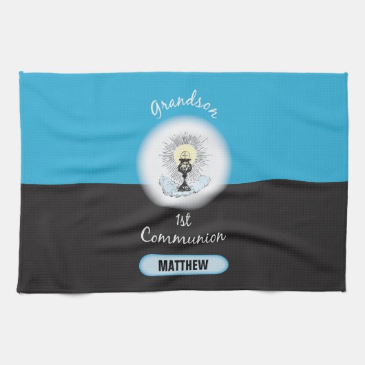 Grandson First Communation, Blue Cup Küchentuch (Horizontal)