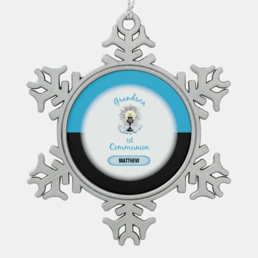 Grandson First Communation, Blue Cup Schneeflocken Zinn-Ornament (Vorderseite)