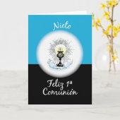 Grandson First Communation, Spanisch, Blue Cup Karte (Gelbe Blume)