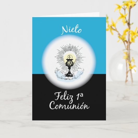 Grandson First Communation, Spanisch, Blue Cup Karte (Gelbe Blume)