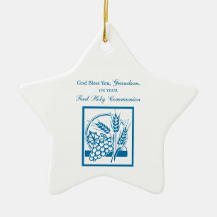 Grandson First Communion Blue, Weizen, Trauben Keramikornament
