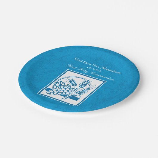 Grandson First Communion Blue, Weizen, Trauben Pappteller (Schrägansicht)