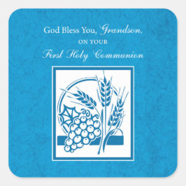 Grandson First Communion Blue, Weizen, Trauben Quadratischer Aufkleber