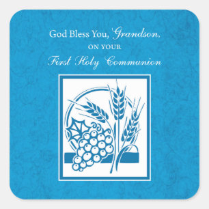 Grandson First Communion Blue, Weizen, Trauben Quadratischer Aufkleber