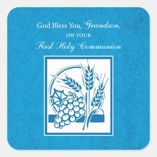 Grandson First Communion Blue, Weizen, Trauben Quadratischer Aufkleber (Vorderseite)