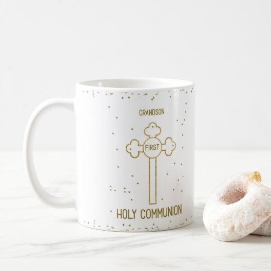 Grandson First Holy Communion Gold Look Cross Kaffeetasse (Mit Donut)