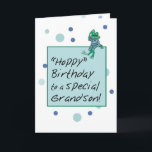 Grandson Frog in Jeans, Geburtstag, Polka Dots Karte<br><div class="desc">Ihr Enkel ist gewartet und bereit für einen guten Spaß! Diese Geburtstagskarte enthält einen niedlichen Frosch,  der auf einer Meldungsbox sitzt und seinen Wünschen schwingt!</div>