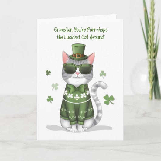 Grandson Funny Cat Wearing Sonnenbrille St Patrick Karte (Vorderseite)