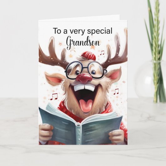Grandson Funny Christmas Reindeer Singing Dankeskarte (Vorderseite)