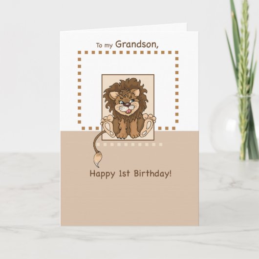 Grandson, glücklich 1. Geburtstag Baby Lion Karte (Vorderseite)