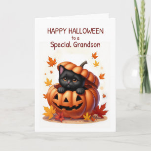 Grandson Halloween Niedliche Schwarze Katze in Pum Karte