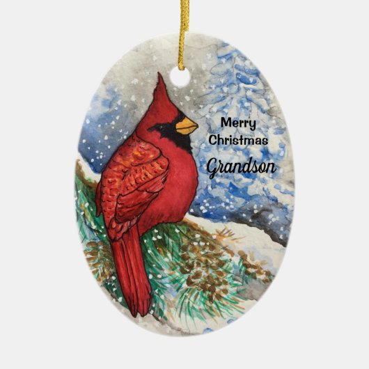 Grandson Handsome Red Kardinal Christmas Bird Keramik Ornament (Vorne)