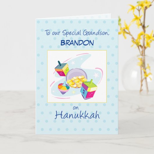 Grandson Hanukkah Customizable Name Blue Karte (Gelbe Blume)
