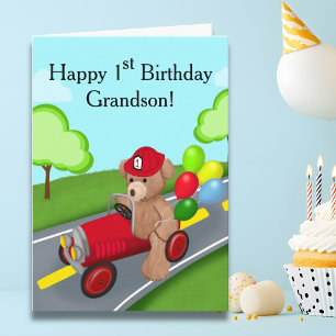Grandson Happy 1. Geburtstag Teddy Bear Feuerwagen Karte