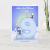 Grandson Happy 9th Birthday Snowman Building  Karte (Vorderseite)