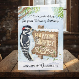 Grandson Happy February Birthday Woodpecker Karte