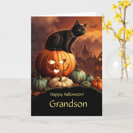 Grandson Happy Halloween mit Niedlichem Black Cat Karte (Gelbe Blume)