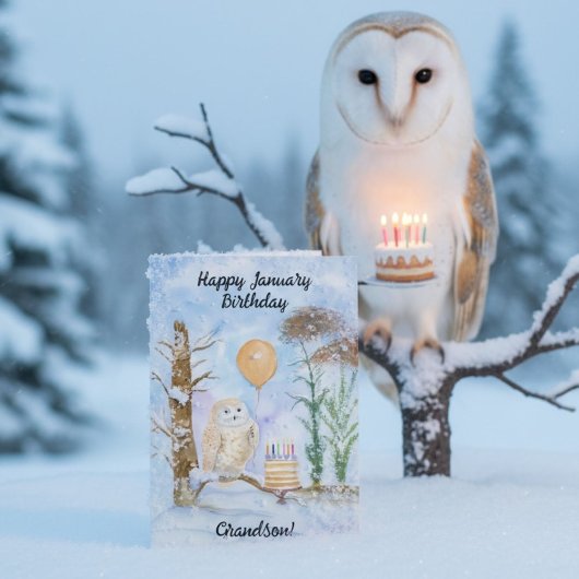 Grandson Happy January Birthday Owl Cake Karte