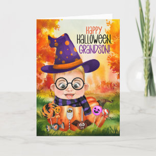 Grandson Little Wizard Boy Pumpkin für Halloween Feiertagskarte