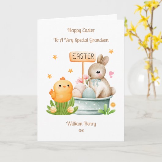 Grandson Oaster Bunny Rabbit und Chick Card Karte (Gelbe Blume)
