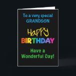 Grandson Rainbow Colors auf der Black Birthday Car Karte<br><div class="desc">Eine farbenfrohe Geburtstagskarte für einen Grandson,  mit bunten Buchstaben auf schwarzem Hintergrund,  dem Wort "glücklich" in Gelb und dem Wort "Geburtstag" in Regenbogenfarben.</div>