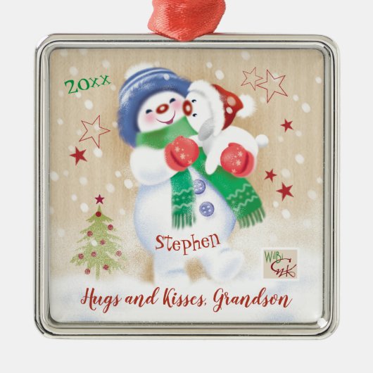 Grandson, Snow Boy Hugs Welpe Ornament Aus Metall (Vorne)