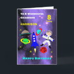 Grandson Spaceship Astronaut Niedlich Happy Birthd Karte<br><div class="desc">Super niedlicher Cartoon Weltraummotiv mit Astronaut im Weltraum,  Rakete,  Sterne,  Planeten und Raumschiff; So ein lustiges und farbenfrohes Design und einfach zu anpassen mit einem Namen,  Alter und Nachricht,  für diese besondere Touch ohne Aufpreis.</div>