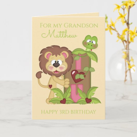 Grandson Third Birthday Niedlich Lion Foto Card Karte (Gelbe Blume)